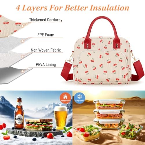 TXBOBECO Lunch Bag for Women & Kids, 11.5L Large Insulated Lunch Box Bag, Adults Girls Packed Lunch Box Tote Bags with Shoulder Strap, Soft Cooler Picnic Bags for Work School Picnics (Cherry) — view 3
