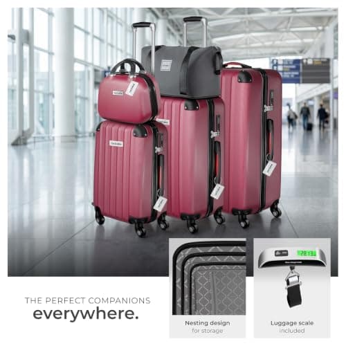 tectake® Hard-Shell Suitcase Set, Incl. 3 Suitcases, Beauty Case & Travel Bag, Travel Luggage Set with 360° Wheels, TSA Locks & Luggage Scale, Lightweight Suitcase Set with ABS Shells - Burgundy — view 3