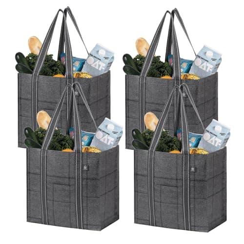 VENO 4 Pack Reusable Grocery Shopping Bag w/Hard Bottom for Trolley Cart, Heavy Duty Tote Bag for Life w/Front Pocket, Beach Bag, Multi-Purpose Water-Resistant(Windowpane, 4 Pack)