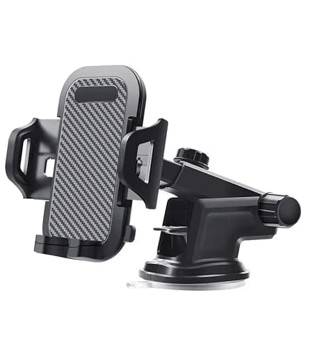 Universal Car Phone Holder with Suction Cup Mount, 360° Rotation, One-Click Clamp, Carbon Fibre Style, for All Mobile Phones
