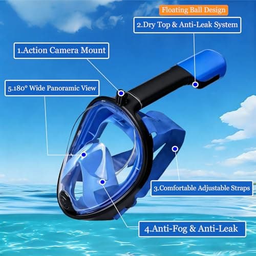 Full Face Snorkelling Mask, 180° Panoramic View, Anti‑Fog Anti‑Leak Dry‑Top Snorkel Gear, Compatible with Action Cameras for Adults & Kids, Ideal for Beach Holidays (Green, S-M) — view 2