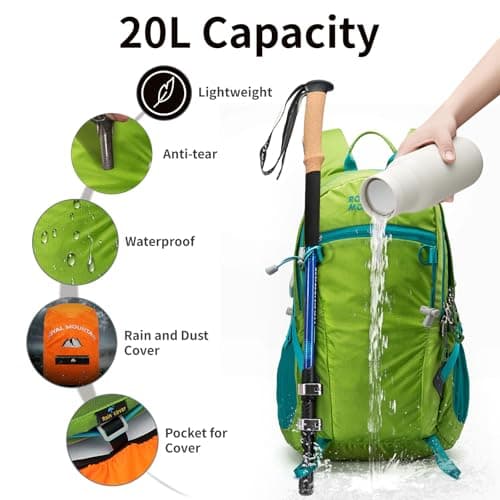 POWER KING Lightweight Hiking Backpack with Rainproof Cover 20L Foldable Travel Rucksack Bag for Women Men Outdoor Casual Daypack for Student, Fit for 14 inch Laptop (Grass Green, 20L) — view 3