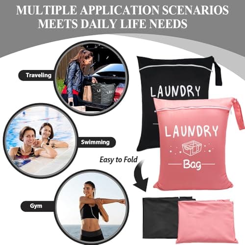 MSLSOZ 2 Laundry Travel Bags, Wet Clothes Bag with Snap Handle, Travel Laundry Bags for Dirty Clothes with Zipper, Suitable for Family, Swimming, Fitness, Dormitory (Black + Pink). — view 4