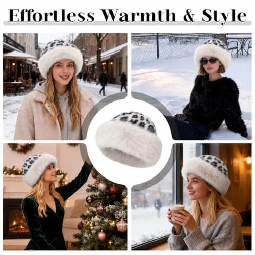 Faux Fur Bucket Hat for Women, Russian Style Winter Fluffy Fuzzy Ladies Hats Travel Hiking Work Home, Chapeau Fourrure Femme Winter Fashion Gift (White Leopard) — view 5