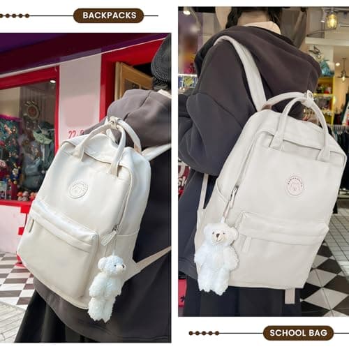 TIAASTAP Aesthetic Backpack School Bags for Girls Kawaii School Backpack with Cute Pendant Preppy School Bag for Kids Boys Teenage Primary Secondary Middle School (White) — view 6