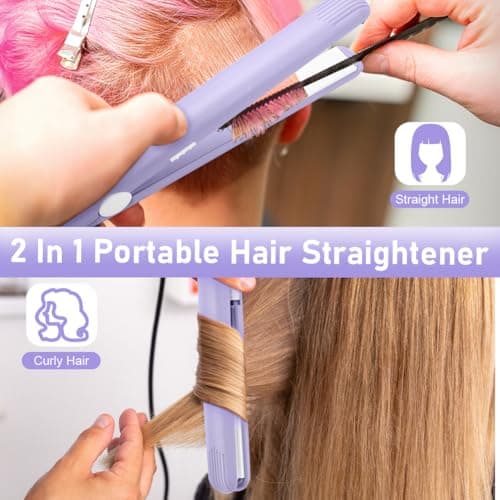 LOPHE Mini Ceramic Plate Hair Straightener, 10s Fast Heating Flat Irons Curling Iron Hair Portable Travel Curling Wand Upgraded Dual-use Hair Curler for Short and All-Hair Types (Purple) — view 3
