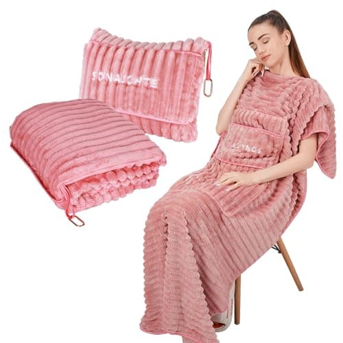 SONAICHTE travel blanket travel blanket airplane compact with bag 2 in 1 travel pillow and blanket set road trip essentials travel pillow and blanket car camping essentials(Light Pink)