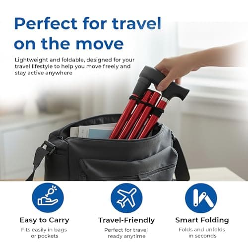 Life Healthcare Folding Walking Stick, Adjustable Aluminium Cane, Red — view 4