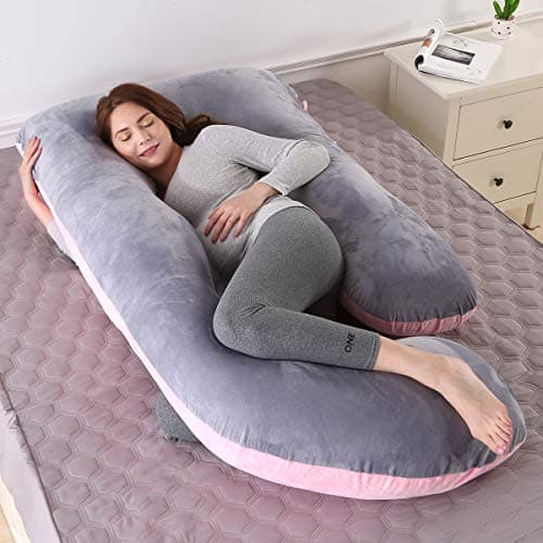 Pregnancy Pillows for Sleeping, Full Body Pillow Large U Shaped Upgrade and Maternity Support with Replaceable and Washable Velvet Cover (Pink and Grey-Velvet) — view 5