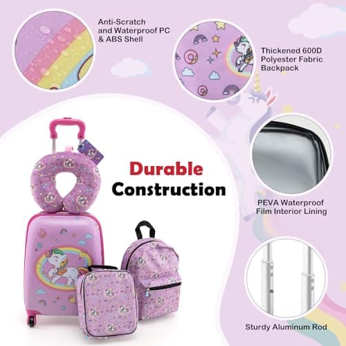 HOMFME 5PCS Kids Luggage Set, 16 Inch Children Suitcase and 13 Inch Backpack Set with Neck Pillow, Lunch Bag, Name Tag, Hard Shell Toddler Trolley Suitcase for Boys Girls (Unicorn, Pink) — view 6