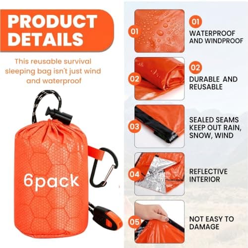 Noamus 6 Pack Emergency Survival Sleeping Bags, Thermal Bivy Sack Blanket, Lightweight Portable Nylon Sack with Whistle, Aluminized PE Survival Gear Supplies for Camping Hiking, Outdoor Adventure — view 3