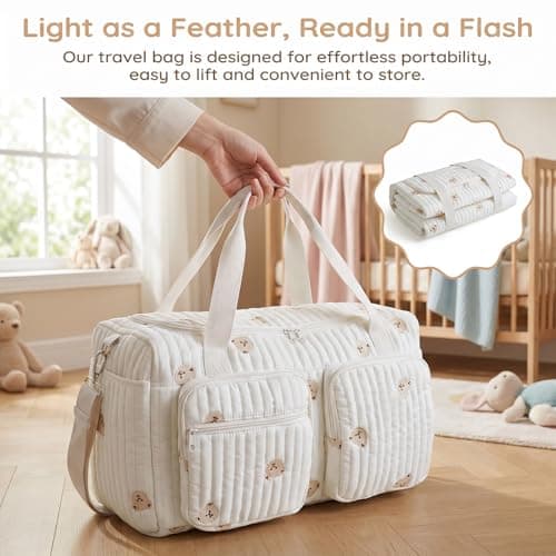 Quilted Duffle Bag for Women, Cotton Canvas Travel Duffel & Hospital Bag, Large Weekend Bag Maternity Nappy Bag, Carry On Holdall for Travel, Gym, Overnight Stays, Underseat Flight Bag - Bear Pattern — view 6