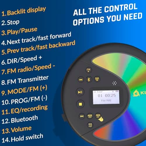 KLIM Discover with Headphones - Portable CD Player with Long-Lasting Battery - New - Radio FM - Compatible MP3 CD Player Portable - SD Card, FM Transmitter, Bluetooth - Ideal for Cars - Black/Gold — view 5
