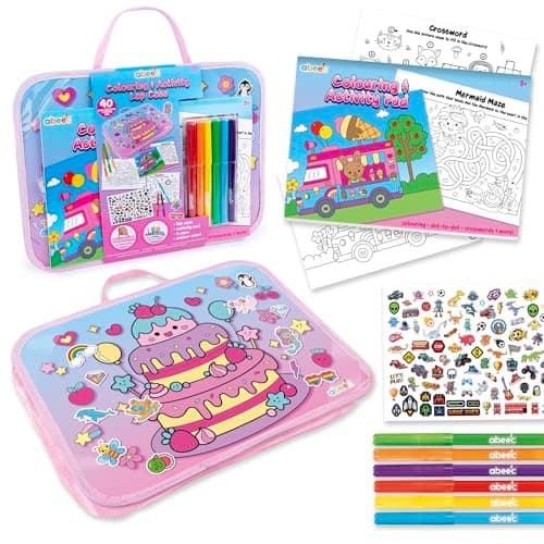 abeec Colouring & Activity Lap Case Pink | Portable Travel Art Set for Girls | 40 Page Colouring Pad, 6 Felt Tip Pens, Over 100 Stickers | Fun Lap Tray for Holidays, Homework & Road Trips