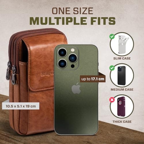 Hengwin Multifunctional Genuine Leather Double Zip Bags Men Vintage Look Shoulder Bag Mobile Phone Belt Bag Phone Holster for Travel, Outdoor Activities (Brown) — view 4