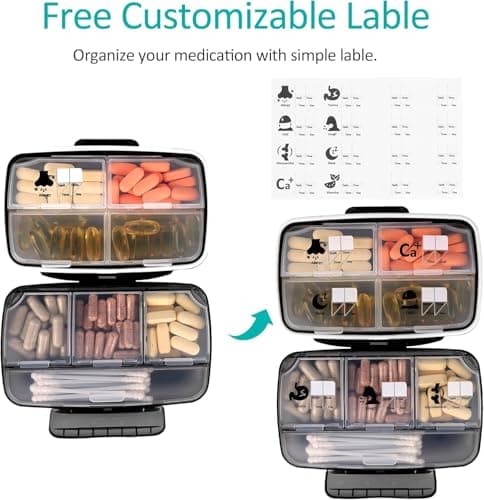 Fullicon Travel Pill Box Organiser Large Portable, Oversize 8 Compartment Pill Boxes/Holder, Vitamin/Medication Case - Airtight & Moistureproof (Black) (Pack of 2) — view 5