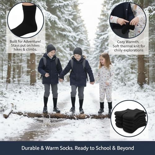 A2Z 4 Kids Girls Boys Thermal Socks Pack Of 6 Winter Warmth Thick Insulated - Thermal Socks Black 6 Pack 11-14 — view 3