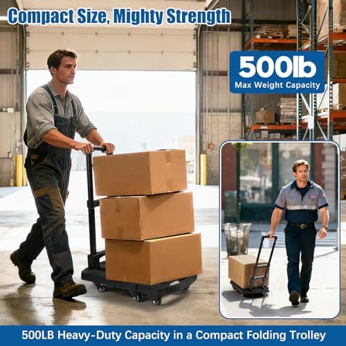 Folding Trolley on Wheels, 225Kg Heavy Duty Extendable Sack Truck/Sack Barrow with 6 Wheels (2 with Brake) & 2 Elastic Straps - Compact for Moving, Luggage, Garden Plants, Camping (jet black) — view 5