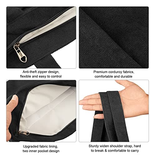 Kememo Corduroy Tote Bag with Zip, Shoulder Bag Women's Hobos Handbags Large Capacity Shopping Bag with Inner Pocket, Black — view 5