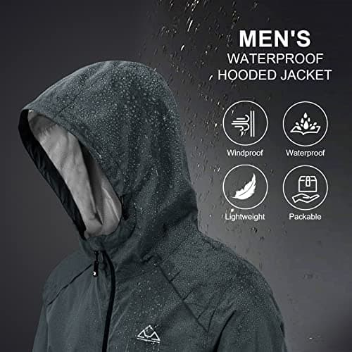 Rdruko Mens Hooded Waterproof Packable Rain Jacket, Grey M — view 4