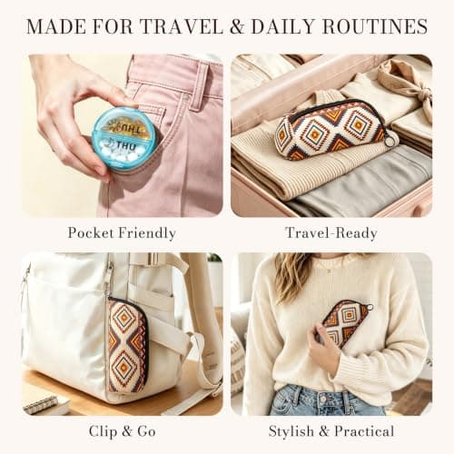 Portable Round Pill Box with Zipper Pouch, Neutral Boho Travel Pill Organiser for Tablets, Vitamins, Capsules and Supplements, Compact Medicine Case — view 4