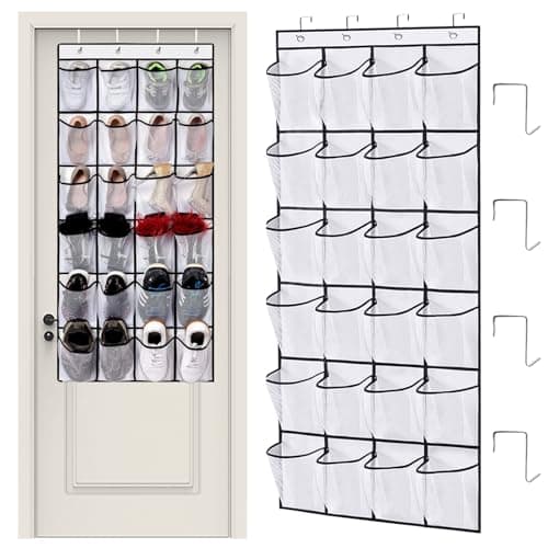 lafo Over Door Shoe Storage, Shoe Organizer with 24 Pockets, Hanging Storage for Closet, Bedroom, Bathroom, 4 Reinforced Hooks, Large Mesh Shoe Hanger, Space Saving (White, 24 squares)