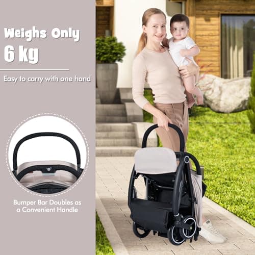 COSTWAY Baby Pushchair, One Hand Foldable Toddler Stroller with Adjustable Backrest & Canopy, 5-Point Harness, Storage Basket, Lightweight Travel Pram for Infants 0-36 Months (Beige) — view 3