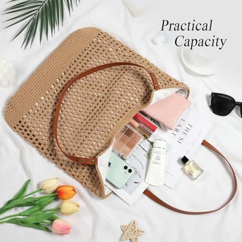 Sightor Crochet Beach Bag, Woven Tote Bag Summer Boho Bag Travel Casual Shoulder Bag for Summer Vacation (Brown) — view 3