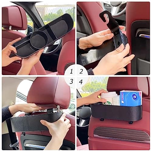 BELOMI Car Headrest Backseat Organizer with Cup Holder, Seat Back Hanging Storage Box with Hooks, Multi-Functional Drink Pocket Food Snack Phone Tray for Kids, Car Travel Accessories (Red) — view 3
