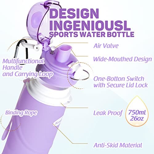 Kemier Collapsible Water Bottle - Drinks Bottle Silicone Foldable Water Bottle for Travel Gym Hiking BPA Free Portable Leakproof Sports Water Bottle with Carabiner 750ML 26OZ — view 3