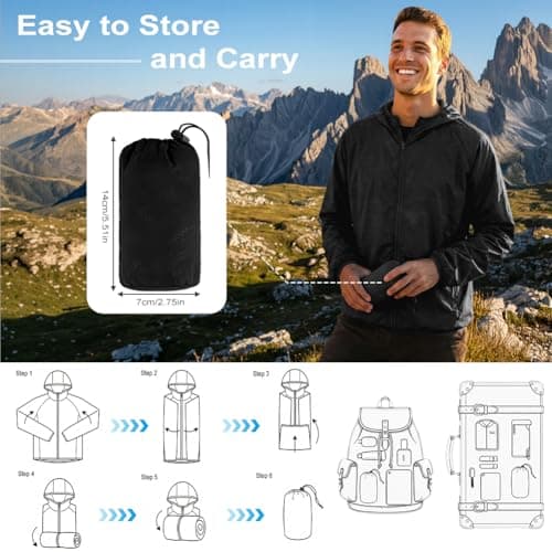 BSBUY Mens Waterproof Jackets Lightweight Rain Jacket Packable Hooded Rain Coats Fast Dry Raincoat Windproof Shell Jacket with Storage Bag and Pocket Solid Color Pullover Top for Travel Hiking Camping — view 6
