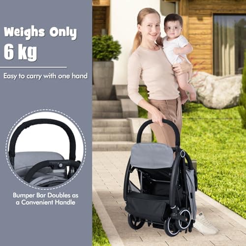 COSTWAY Baby Pushchair, One Hand Foldable Toddler Stroller with Adjustable Backrest & Canopy, 5-Point Harness, Storage Basket, Lightweight Travel Pram for Infants 0-36 Months (Light Grey) — view 3