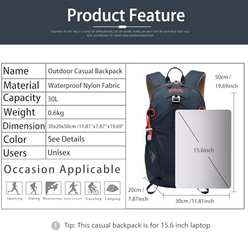Lightweight Hiking Backpack, 30L Women/Men Waterproof Travel Rucksack Bag with Rain Cover, Outdoor Small Foldable Daypack for Student, Fit for 15.6 inch Laptop (Navy Blue, 30L) — view 2