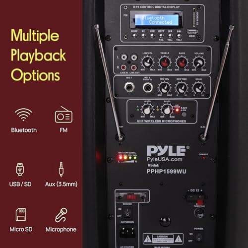 Pyle Portable PA System, Powerful Bluetooth Speaker with 2 Wireless Mics, 1600W, Trolley Handle & Wheels, Long Battery Life, Enhanced Audio for Karaoke, DJs, Events & Public Speaking — view 3