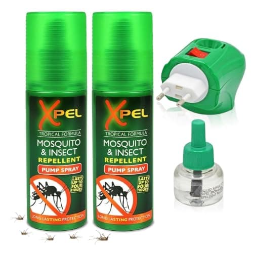 Xpel Mosquito, Bug & Insect Repellent Spray (2-Pack) + Plug-in Insect Killer with Refill | 45 Nights Protection | Indoor & Travel Use | Long-Lasting Defense for Home, Bedroom, Office & Hotel