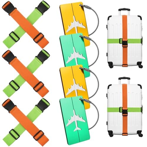 Luggage Straps, 8 Pcs Adjustable Suitcase Straps Belts with 4 Pcs Metal Luggage Tags Heavy Duty Adjustable Suitcase Belts (Green+Orange)
