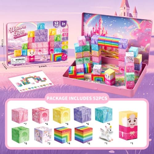 DQMOON Unicorn Gifts for Girls, 52PCS Magnetic Building Blocks for Girls Toys Age 3-9, Magnet Tiles Set Montessori STEM Construction Learning Toys, Kids Travel Toys Birthday Gifts Stocking Fillers — view 5