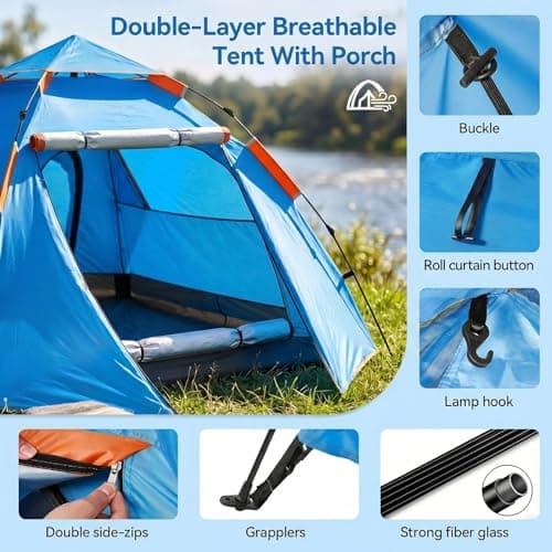 Warmiehomy Camping Tent with Porch, 2 Man Pop Up Tent, Blue — view 3