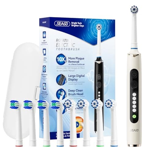 Seago Rotating Electric Toothbrush for Adults with Travel Case, 8 Brush Heads, 5 Modes with Whitening, USB-C Rechargeable with Timer, 30-Day Battery (Beige)
