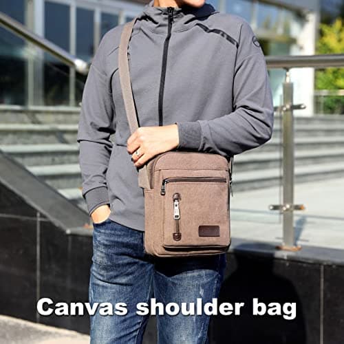 A-QMZL Mens Shoulder Bag Canvas Messenger Bags Travel Crossbody Bag Large Capacity Casual Handbag with Multiple Pockets for Working Shopping Hiking Daily Use (Brown) — view 2