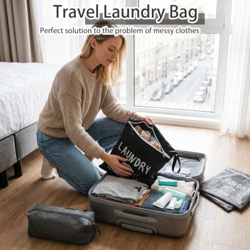 2 PCS Travel Laundry Bags, Reusable Dirty Clothes Organizer with Zipper, Portable Laundry Bag for Travelling, Swimming, Yoga, Workout & Family Vacation — view 5