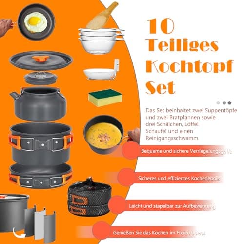 10 Pieces Camping Cookware Set, Outdoor Crockery Set, Cooking Pot Set, Outdoor Cookware Set for 2-4 People, Camping Frying Pan and Teapots for Outdoor Hiking Picnic BBQ — view 4