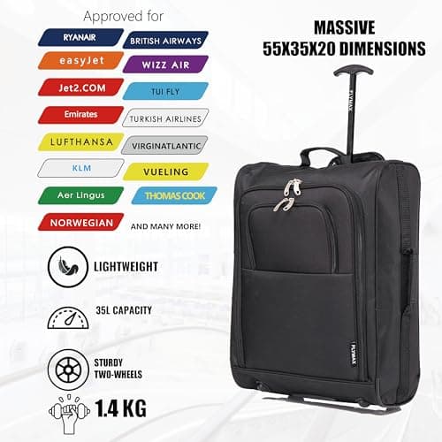 55x40x20 Ryanair Cabin Bag Hand Luggage Lightweight Suitcase Approved Carry on Luggage 1.4kg 44L Black — view 6