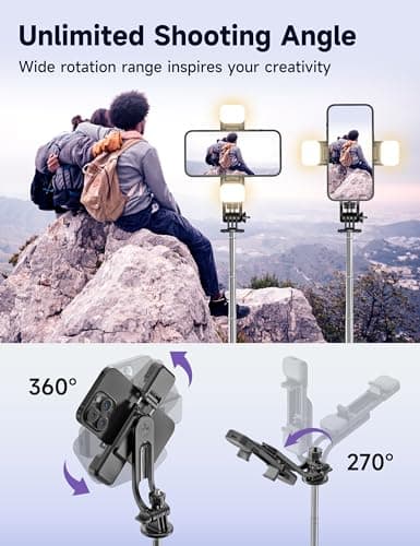 53'' Selfie Stick Tripod with Light, Extendable Selfie Stick with Remote, Portable Cell Phone Tripod Stand with All in 1 Phone Clip, Lightweight Camera Tripod Compatible with iPhone 17 16 15, Android — view 6