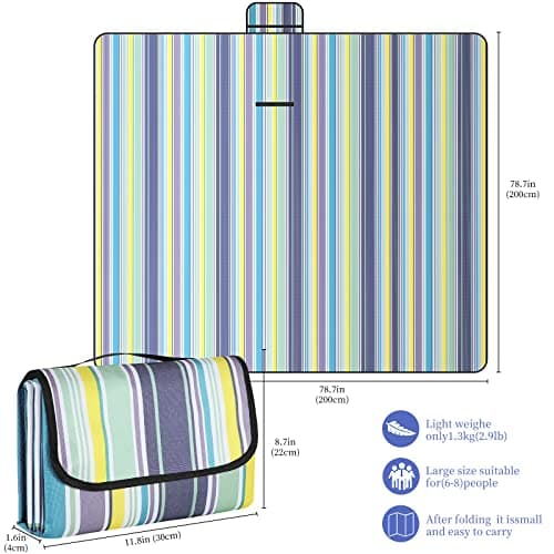 GUSUWU Picnic Blanket Waterproof Beach Rug 200×200cm Picnic Mat Washable Lightweight With Handle Blue Vertical Stripes Suitable for Hiking Travel Outdoor Camping, Park — view 2