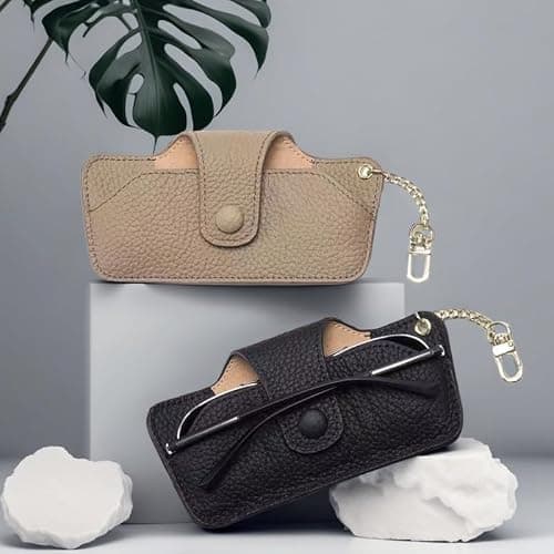JiaaOne 2Pcs Slim Glasses Case -Leather Glasses Case with Keychain for Bags, Sunglasses Case for Women Men, Travel Business Gift (Black & Khaki) — view 6