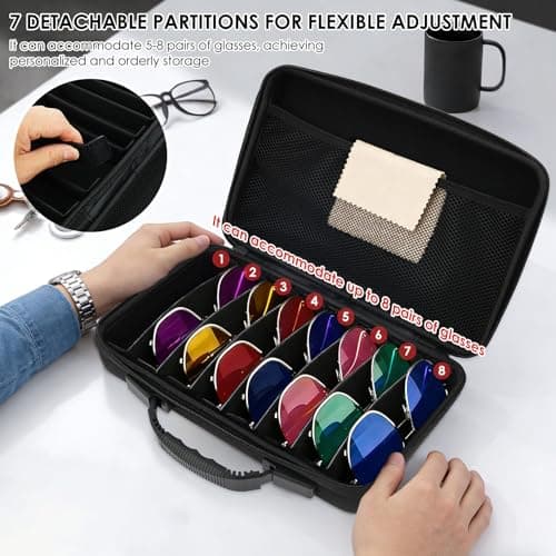 Foppla Hard Shell Travel Sunglass Case with Adjustable Dividers for Multiple Pairs, Waterproof Eyeglass Organizer Holder for Men Women, Magnetic Glasses Storage for Car and Home(8 card slots) — view 3
