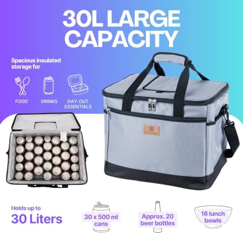 Straame 30L Cooler Bag, 30-Can Leakproof Foldable Cool Bag with Strap, Grey — view 2