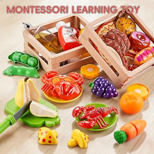 Play Kitchen Accessories, Large Stainless Steel Toddler Cooking Set, Kids Kitchen Playset with Cutting Play Food, Condiments, Chef Apron & Hat, Service Bell, Toy Food with 2 Baskets, Boys Girls Gifts. — view 6