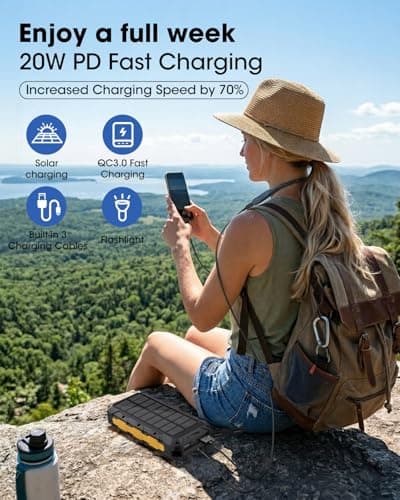 Solar Power Bank 20000mAh Built-in 3 Cables, Wireless Portable Charger 20W Fast Charging Battery Pack with USB C, Flashlight, Solar Charger for iPhone 17 16 Pad Galaxy Tablet Camping Travel (Orange) — view 4